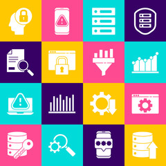 Set Server, Data, Web Hosting, Browser setting, Pie chart infographic, Secure your site with HTTPS, SSL, Document search, Human head lock and Sales funnel icon. Vector