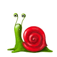 cute snail hand drawn summer illustration, funny clipart with cartoon character