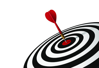 Red dart hit to center of dartboard. Arrow on bullseye in target. Business success, investment goals, marketing challenge, financial strategy, purpose achievement, focus ideas concept. 3d vector