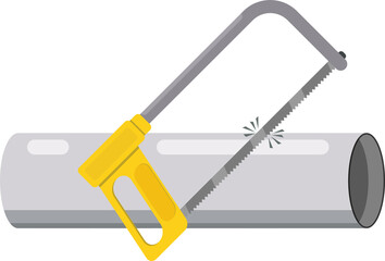Hacksaw for metal. Sawing an iron pipe. Flat design.