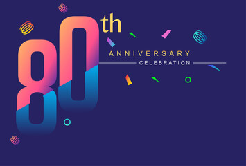 80th anniversary celebration with colorful design, modern style with ribbon and colorful confetti isolated on dark background, for birthday celebration.