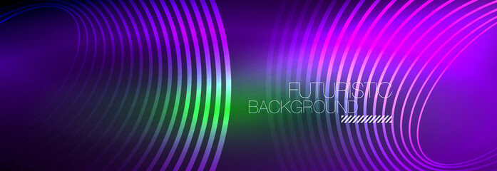Dark abstract background with glowing neon circles. Trendy layout template for business or technology presentation, internet poster or web brochure cover, wallpaper