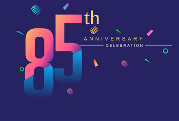 85th anniversary celebration with colorful design, modern style with ribbon and colorful confetti isolated on dark background, for birthday celebration.