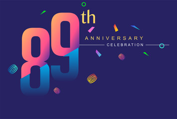 Obraz premium 89th anniversary celebration with colorful design, modern style with ribbon and colorful confetti isolated on dark background, for birthday celebration.