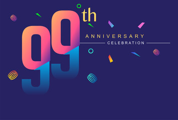 99th anniversary celebration with colorful design, modern style with ribbon and colorful confetti isolated on dark background, for birthday celebration.