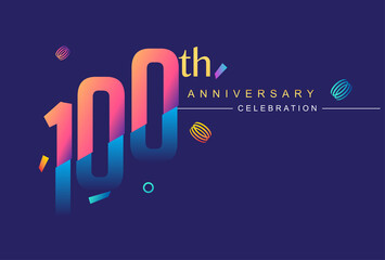 100th anniversary celebration with colorful design, modern style with ribbon and colorful confetti isolated on dark background, for birthday celebration.