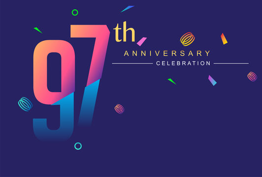 97th anniversary celebration with colorful design, modern style with ribbon and colorful confetti isolated on dark background, for birthday celebration.