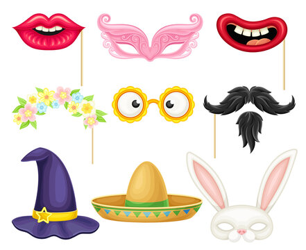 Party Birthday Photo Booth Prop with Lips and Moustache Vector Set