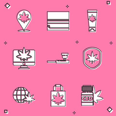 Set Location and marijuana, Rolling paper, Medical cream with, Monitor or cannabis, Smoking pipe, Shield leaf, Legalize globe and Shopping bag of icon. Vector
