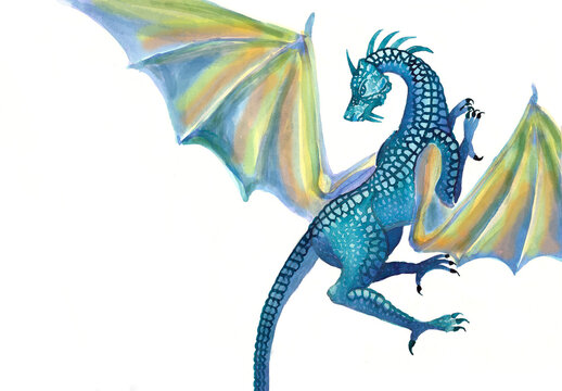 Illustration of a dragon with spread wings painted with watercolor