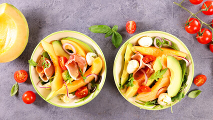melon salad with avocado,  mozzarella and ham