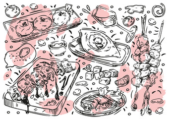 Hand drawn line vector illustration food on white background. Doodle Georgian cuisine: khachapuri adjaruli, mtsvadi barbecue, pkhali, saperavi, wine, garnet, sulguni cheese
