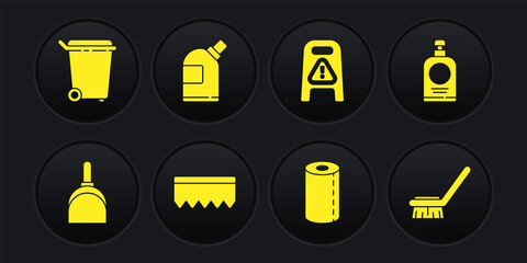 Set Dustpan, Hand sanitizer bottle, Sponge with bubbles, Paper towel roll, Wet floor cleaning in progress, Bottles for agent, Brush and Trash can icon. Vector
