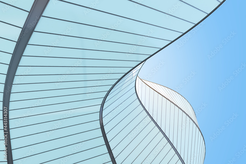 Poster Low angle view of futuristic modern architecture, Skyscraper of corporate office building, Curve shape, 3D rendering.