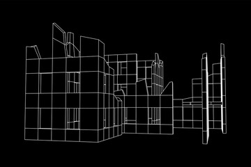 Destroyed building ruin and concrete, war destruction concept. Wireframe low poly mesh vector illustration.