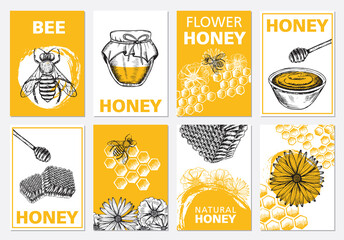 Honey and bees flyer set, hand drawn illustrations. Vector.	