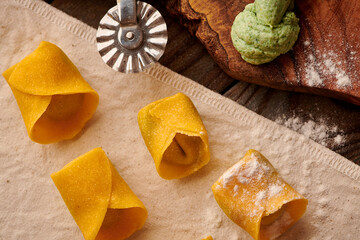 Raw homemade ravioli pasta with spinach and ricotta