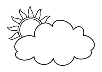 Sun with cloud in cartoon style, sunlight and sunbeams, contour drawing of sun and clouds, vector drawing sun and cloud