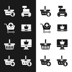 Set Shopping basket on laptop, Add cart, and euro, Cash register machine, Monitor with shopping, dollar and icon. Vector