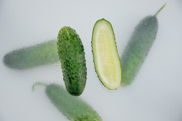 Fresh ripe cucumber flying in the air on a white background. Food levitation concept. Healthy food, ripe vegetables. Copy space