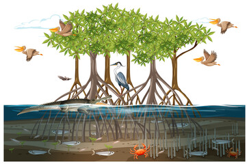 Mangrove forest scene  with animals in the water © blueringmedia
