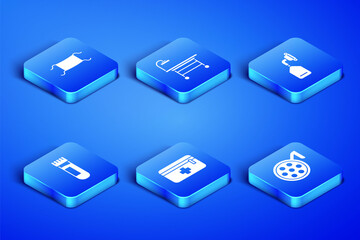 Set Surgery lamp, Medical protective mask, First aid kit, Test tube with blood, Operating table and oxygen icon. Vector