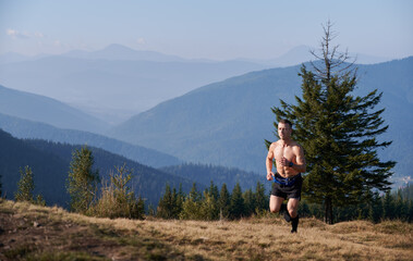 Shirtless young man running up grassy hill with blue sky and mountains on background. Muscular...