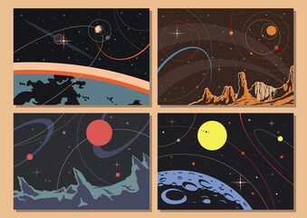 Retro Futurism Space Illustrations, Abstract Mosaic Cosmic Background Set, Planets, Stars, Orbits  - obrazy, fototapety, plakaty