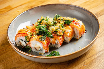 sushi set with dressing and herbs