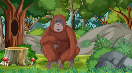 Orangutan in forest or rainforest scene with many trees © blueringmedia