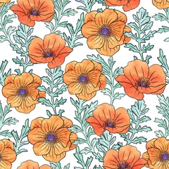 Möbelaufkleber Poppy Flowers and Leaves Watercolor Seamless Pattern © Farijazz