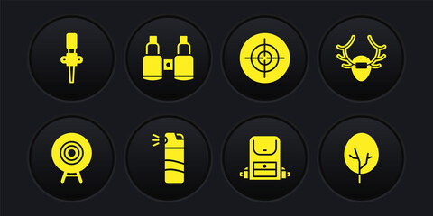 Set Target sport, Deer antlers on shield, Pepper spray, Hiking backpack, Binoculars, Tree and Torch flame icon. Vector