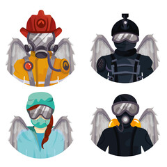A doctor, a policeman, a diver, a firefighter with angel wings. Guardian angel. Saving someone's life. Dangerous work. Vector illustration for icons, websites and prints. A doctor in uniform. Uniform.
