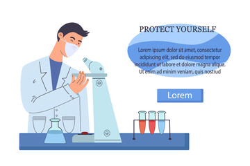 A doctor is studying a vaccine for COVID-19. Laboratory research. Vector illustration with place for your text.