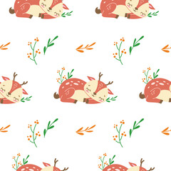 Obraz premium Vector seamless childish pattern with a cute sleeping baby deer on a white background. 