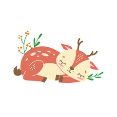 A cute sleeping baby deer. Vector illustration. Perfect for a poster, nursery clothing, postcard, children's pyjamas, print.