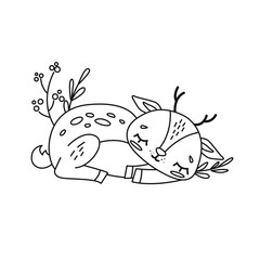 Coloring page antistress. A cute sleeping baby deer isolated on a white background. Vector illustration for art therapy, antistress coloring book for adults and children.