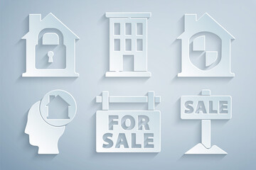 Set Hanging sign with For Sale, House under protection, Man dreaming about buying house, and icon. Vector