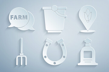 Set Horseshoe, Location corn, Garden pitchfork, Full sack, Bucket and Speech bubble with Farm icon. Vector