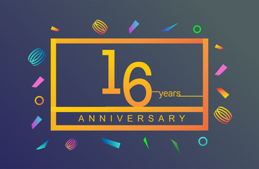 16th years anniversary celebration white square style isolated with colorful confetti background, design for anniversary celebration.