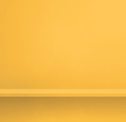 Empty shelf on a yellow wall. Background template. Square banner