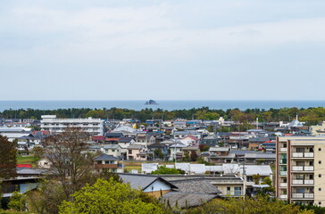 Cityscape of higashikagawa city and the seto inland sea  , kagawa, shikoku, japan	