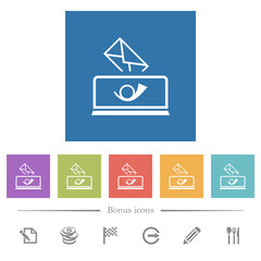 Sending mail outline flat white icons in square backgrounds