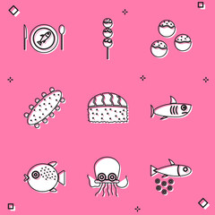 Set Served fish on a plate, Takoyaki stick, Sea cucumber, Sushi, Shark, Puffer and Octopus icon. Vector