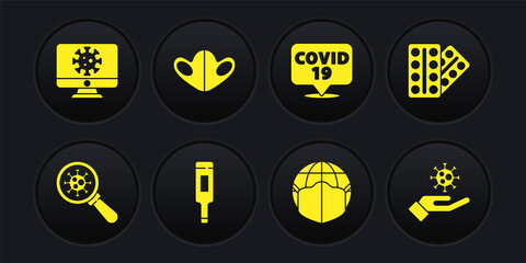 Set Virus under magnifying glass, Pills blister pack, Medical thermometer, Earth with medical mask, Corona virus on location, protective, Hand and statistics monitor icon. Vector