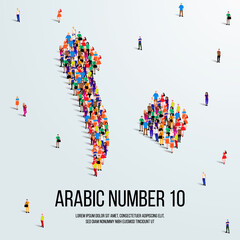 large group of people form to create the number 10 or Ten in Arabic. People font or Number. Vector illustration of Arabic number 10.