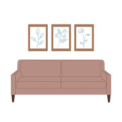 Scandinavian style sofa with wooden legs. Trendy home furniture vector illustration. Retro couch for livingroom, office or bedroom. Hand drawn seating isolated on white background