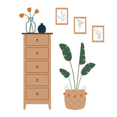 Scandinavian style drawer vector illustration. Stylish chest, plant, pictures and vases for home interior. Trendy scandi furniture for livingroom or bedroom