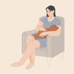 vector illustration of a dog with an owner. Love and care for your pet. Healthy dog. Light background. Hand drawing in flat style with line