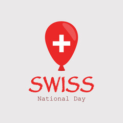 Fototapeta na wymiar Swiss National Day. Red air balloon with a white cross on a light gray background. Postcard, poster. Vector illustration.